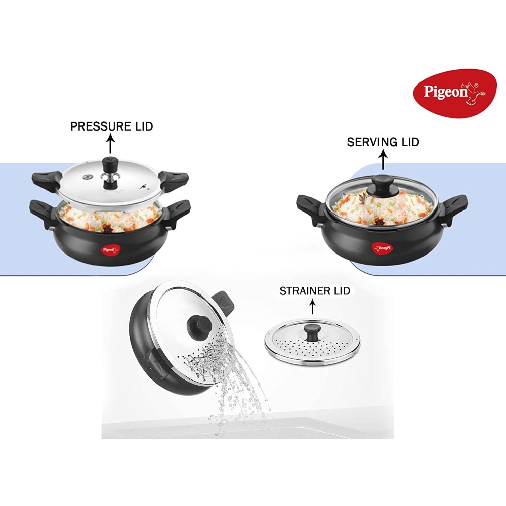 Pigeon All in One Super Cooker Aluminium with Outer Lid Induction and Gas Stove Compatible 3 Litre Capacity for Healthy Cooking Black